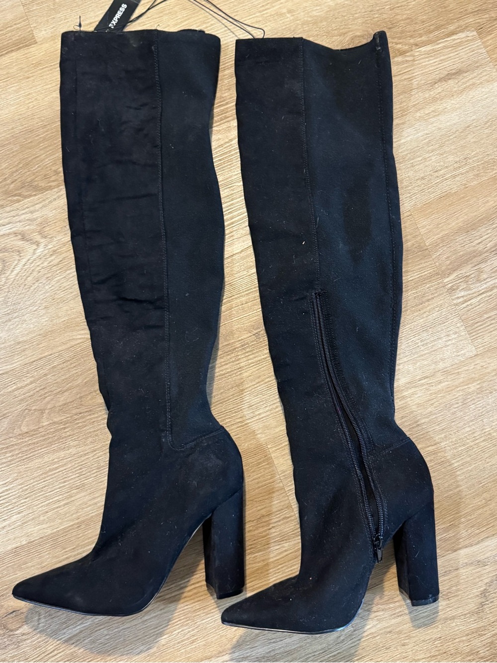 Express Stretch Calf Black Over-the-Knee Pointed Toe Block Heel Boots Size 7
